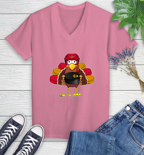 Chicago Blackhawks Turkey Thanksgiving Day Women's V-Neck T-Shirt 13