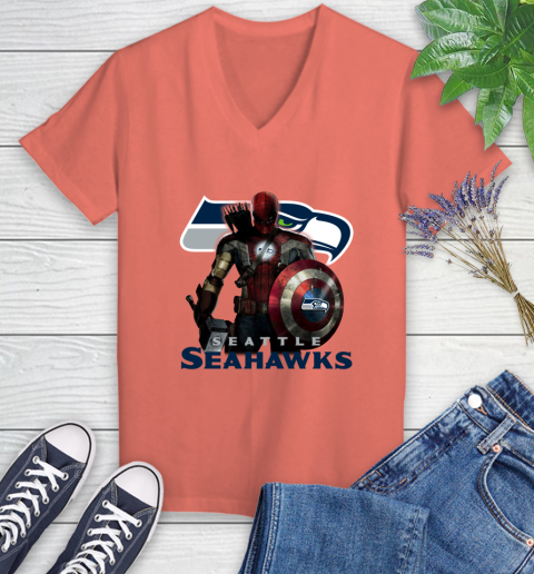 NFL Captain America Thor Spider Man Hawkeye Avengers Endgame Football Seattle Seahawks Women's V-Neck T-Shirt 6