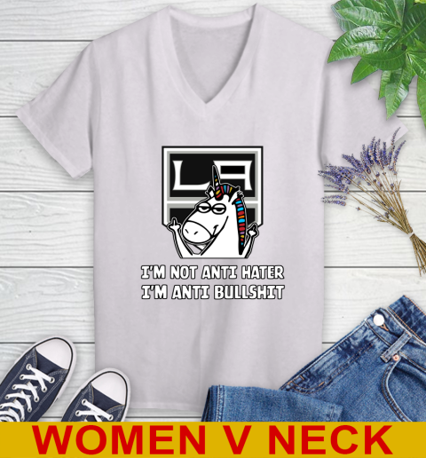 Los Angeles Kings NHL Hockey Unicorn I'm Not Anti Hater I'm Anti Bullshit Women's V-Neck T-Shirt