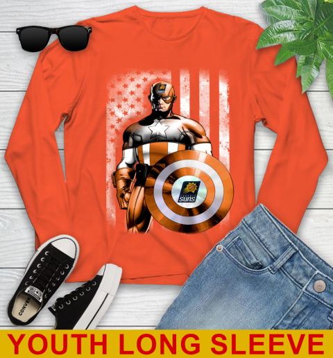 Phoenix Suns NBA Basketball Captain America Marvel Avengers American Flag Shirt Youth Long Sleeve 3