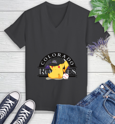 MLB Pikachu Baseball Sports Colorado Rockies Women's V-Neck T-Shirt 8
