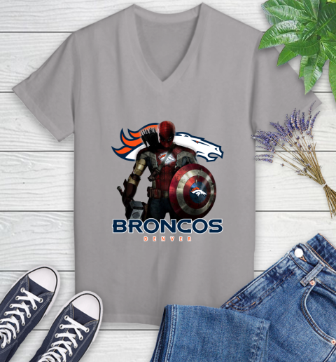 NFL Captain America Thor Spider Man Hawkeye Avengers Endgame Football Denver Broncos Women's V-Neck T-Shirt 4