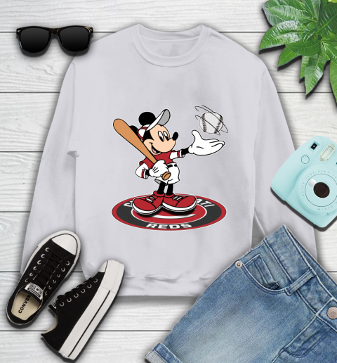 MLB Baseball Cincinnati Reds Cheerful Mickey Disney Shirt Youth Sweatshirt 4