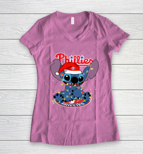 Philadelphia Phillies MLB noel stitch Baseball Christmas Women's V-Neck T-Shirt - Image 9