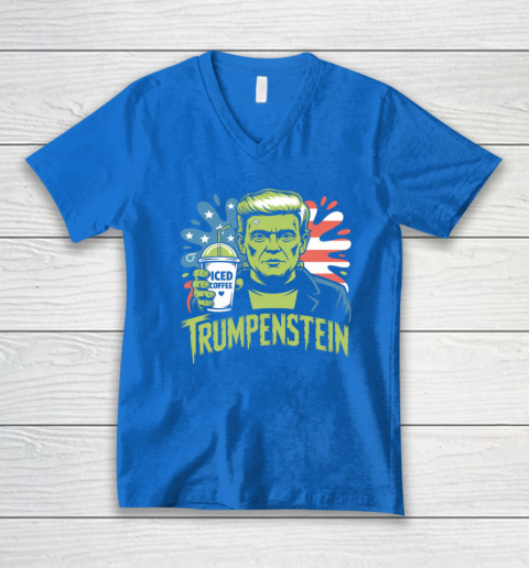 Trumpenstein Funny Iced Coffee Drink Halloween 4th of July USA Flag V-Neck T-Shirt 4