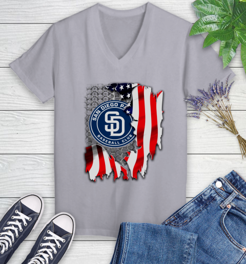 San Diego Padres MLB Baseball American Flag Women's V-Neck T-Shirt 4