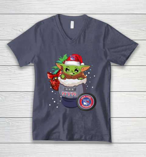 New York Rangers Christmas Baby Yoda Star Wars Funny Happy NHL V-Neck T-Shirt 8
