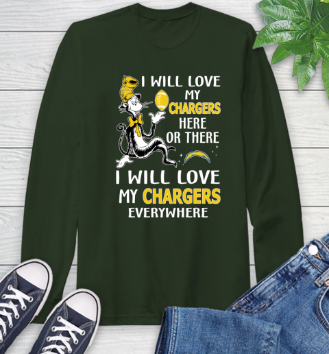 NFL Football Los Angeles Chargers I Will Love My Chargers Everywhere Dr Seuss Shirt Long Sleeve T-Shirt 6