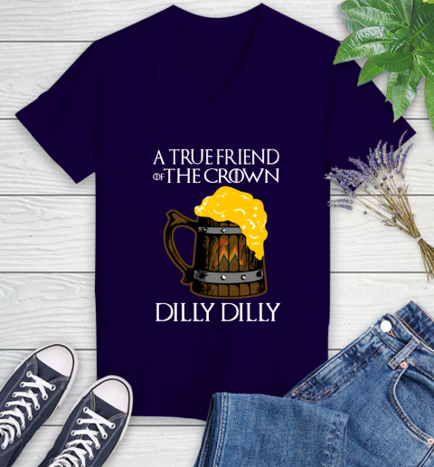 MLB Miami Marlins A True Friend Of The Crown Game Of Thrones Beer Dilly Dilly Baseball Women's V-Neck T-Shirt 3