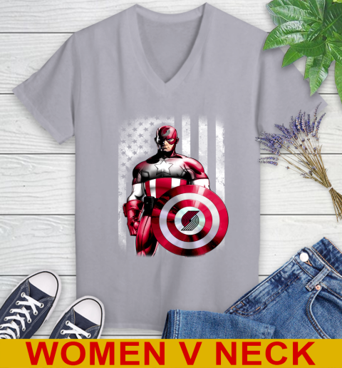Portland Trail Blazers NBA Basketball Captain America Marvel Avengers American Flag Shirt Women's V-Neck T-Shirt 4