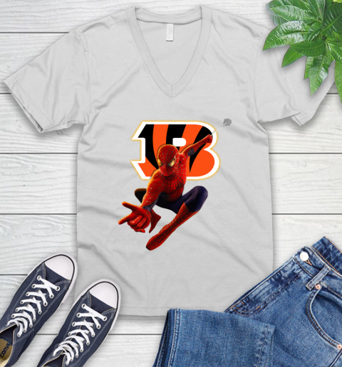 NFL Spider Man Avengers Endgame Football Cincinnati Bengals V-Neck T-Shirt