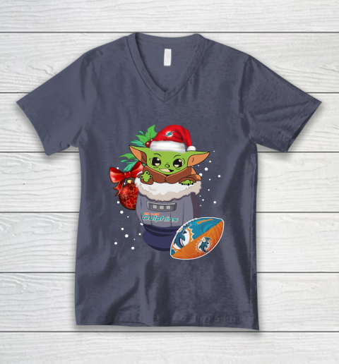 Miami Dolphins Christmas Baby Yoda Star Wars Funny Happy NFL V-Neck T-Shirt 8