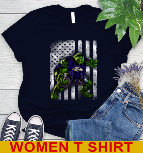 Baltimore Ravens Hulk Marvel Avengers NFL Football American Flag Women's T-Shirt 2