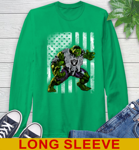 Oakland Raiders Hulk Marvel Avengers NFL Football American Flag Long Sleeve T-Shirt 8