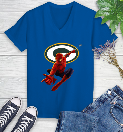NFL Spider Man Avengers Endgame Football Green Bay Packers Women's V-Neck T-Shirt 10