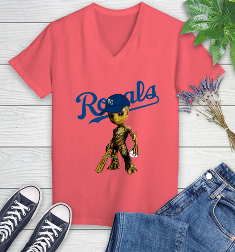MLB Kansas City Royals Groot Guardians Of The Galaxy Baseball Women's V-Neck T-Shirt 6