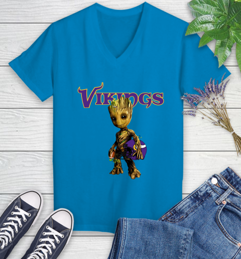 Minnesota Vikings NFL Football Groot Marvel Guardians Of The Galaxy Women's V-Neck T-Shirt 7