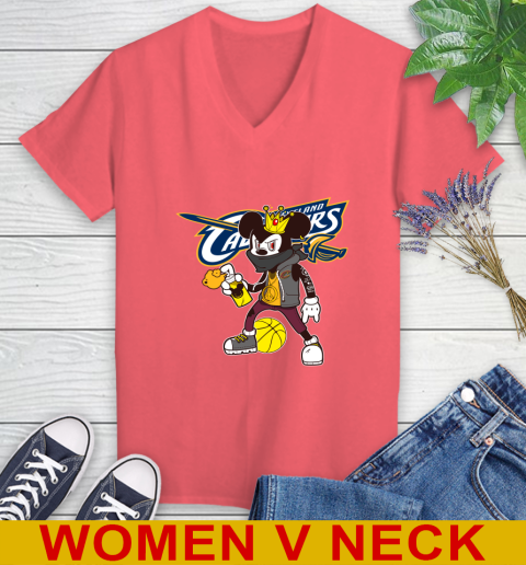 Cleveland Cavaliers NBA Basketball Mickey Peace Sign Sports Women's V-Neck T-Shirt 7