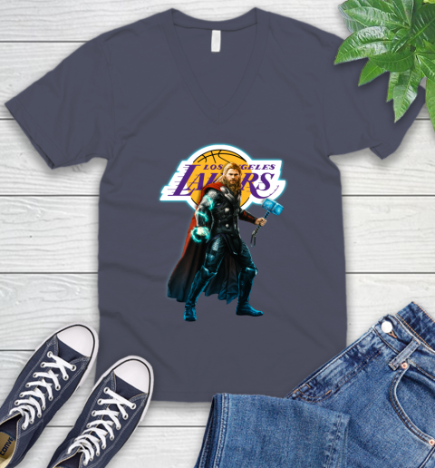 NBA Thor Avengers Endgame Basketball Los Angeles Lakers V-Neck T-Shirt 8