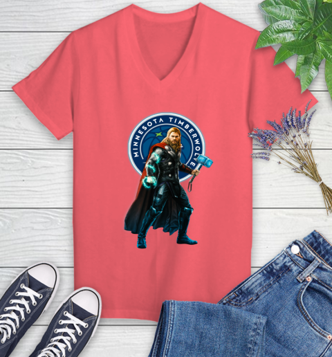 NBA Thor Avengers Endgame Basketball Minnesota Timberwolves Women's V-Neck T-Shirt 6