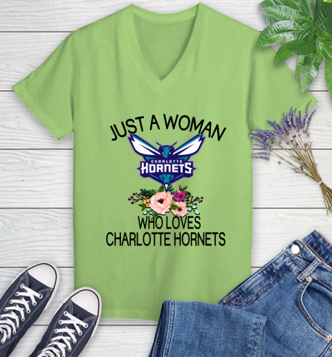 NBA Just A Woman Who Loves Charlotte Hornets Basketball Sports Women's V-Neck T-Shirt 6