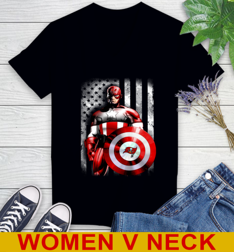 Tampa Bay Buccaneers NFL Football Captain America Marvel Avengers American Flag Shirt Women's V-Neck T-Shirt
