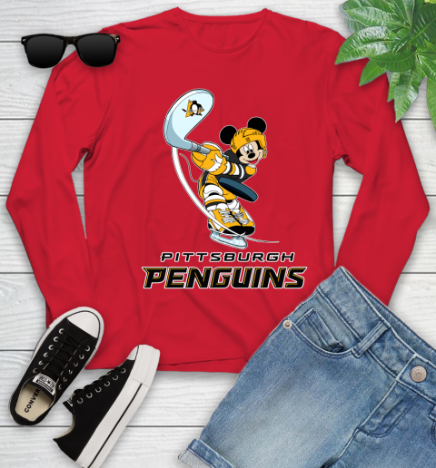 NHL Hockey Pittsburgh Penguins Cheerful Mickey Mouse Shirt Youth Long Sleeve 11
