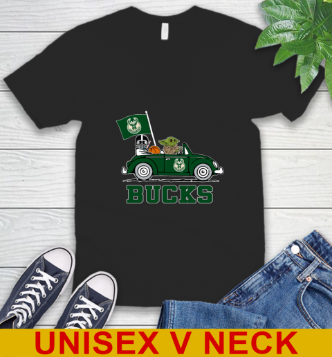 NBA Basketball Milwaukee Bucks Darth Vader Baby Yoda Driving Star Wars Shirt V-Neck T-Shirt 2