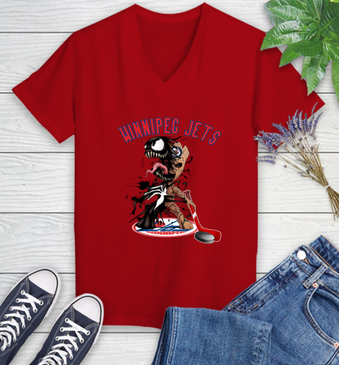NHL Winnipeg Jets Hockey Venom Groot Guardians Of The Galaxy Women's V-Neck T-Shirt 12