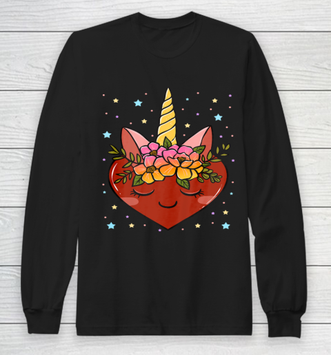 Valentine s Day Gifts for Her Funny Floral Unicorn Heart Long Sleeve T-Shirt