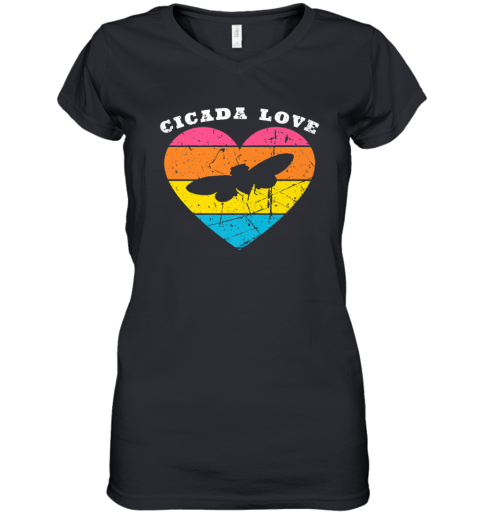 Vintage Cicada Love Retro Summer Sunset Heart Women's V-Neck T-Shirt