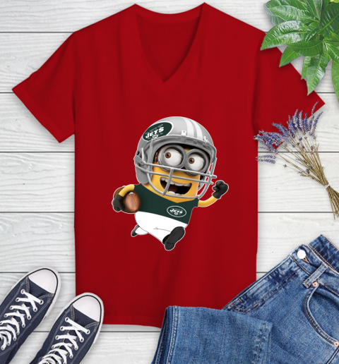 NFL New York Jets Minions Disney Football Sports Women's V-Neck T-Shirt 12