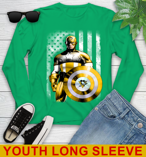 Pittsburgh Penguins NHL Hockey Captain America Marvel Avengers American Flag Shirt Youth Long Sleeve 7