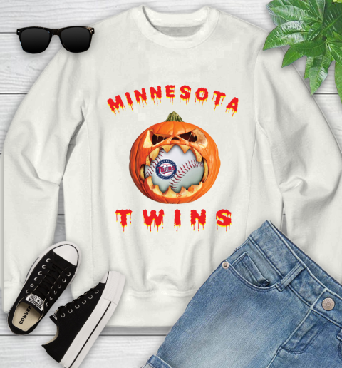 MLB Minnesota Twins Halloween Pumpkin Baseball Sports Youth Sweatshirt