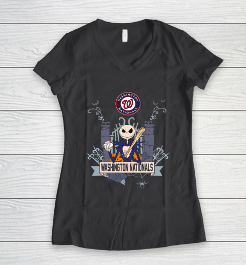 MLB Washington Nationals Baseball Jack Skellington Halloween Women's V-Neck T-Shirt 6
