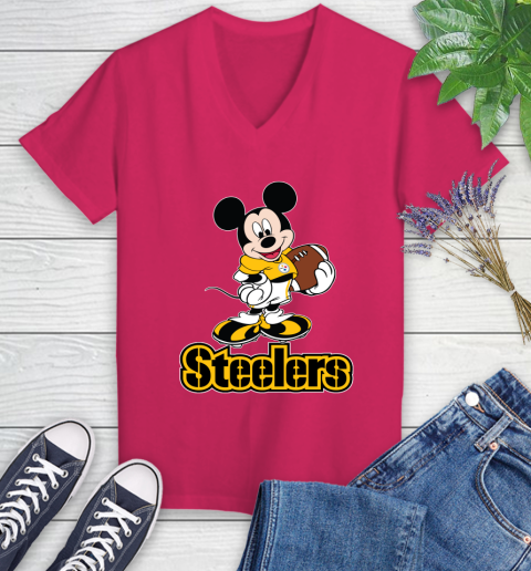 NFL Football Pittsburgh Steelers Cheerful Mickey Mouse Shirt Women's V-Neck T-Shirt 8
