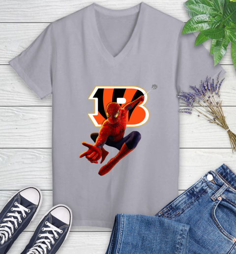 NFL Spider Man Avengers Endgame Football Cincinnati Bengals Women's V-Neck T-Shirt 4
