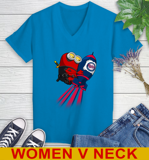 MLB Baseball Minnesota Twins Deadpool Minion Marvel Shirt Women's V-Neck T-Shirt 7