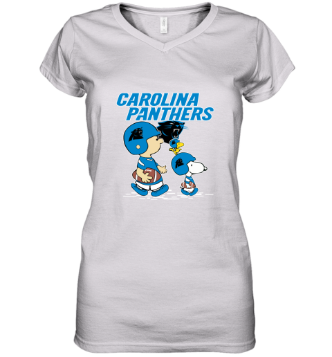 Carolia Panthers Let's Play Football Together Snoopy NFL Women's V-Neck T-Shirt