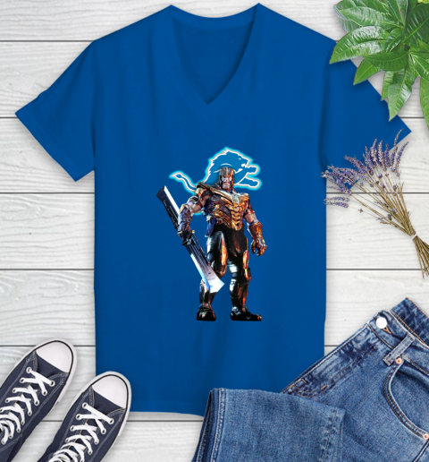NFL Thanos Gauntlet Avengers Endgame Football Detroit Lions Women's V-Neck T-Shirt 10