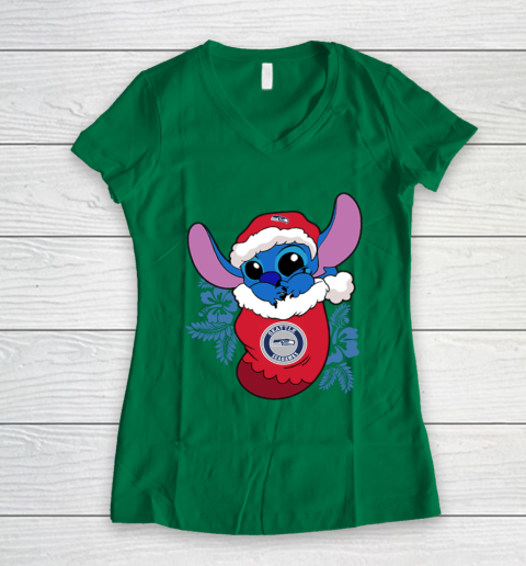 Seattle Seahawks Christmas Stitch In The Sock Funny Disney NFL Women's V-Neck T-Shirt 5