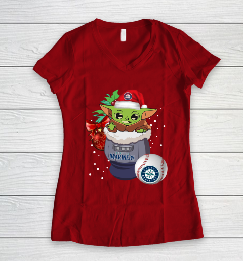 Seattle Mariners Christmas Baby Yoda Star Wars Funny Happy MLB Women's V-Neck T-Shirt 10