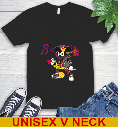 Atlanta Braves MLB Baseball Mickey Peace Sign Sports V-Neck T-Shirt 2