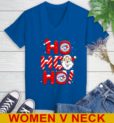 Toronto Blue Jays MLB Baseball Ho Ho Ho Santa Claus Merry Christmas Shirt Women's V-Neck T-Shirt 9