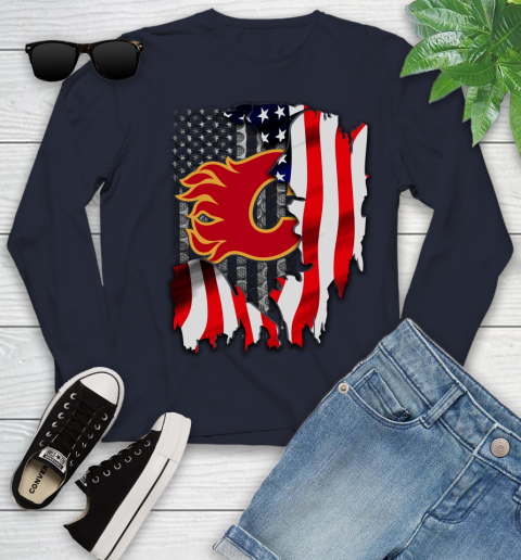 Calgary Flames NHL Hockey American Flag Youth Long Sleeve 2