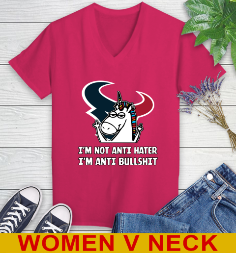 Houston Texans NFL Football Unicorn I'm Not Anti Hater I'm Anti Bullshit Women's V-Neck T-Shirt 10