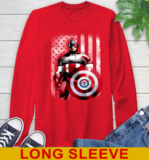 Texas Rangers MLB Baseball Captain America Marvel Avengers American Flag Shirt Long Sleeve T Shirt
