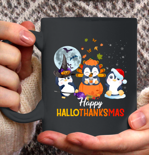 Penguin Halloween And Merry Christmas Happy Hallothanksmas Ceramic Mug 11oz