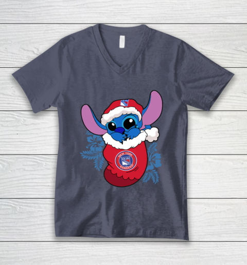 New York Rangers Christmas Stitch In The Sock Funny Disney NHL V-Neck T-Shirt 8