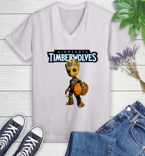 Minnesota Timberwolves NBA Basketball Groot Marvel Guardians Of The Galaxy Women's V-Neck T-Shirt